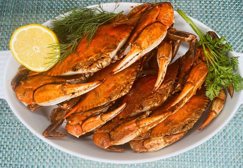 Steamed blue crabs seafood selection